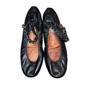 Vintage Elegant Lanvin Ballet Black Leather Women's Shoes Chain ankle straps